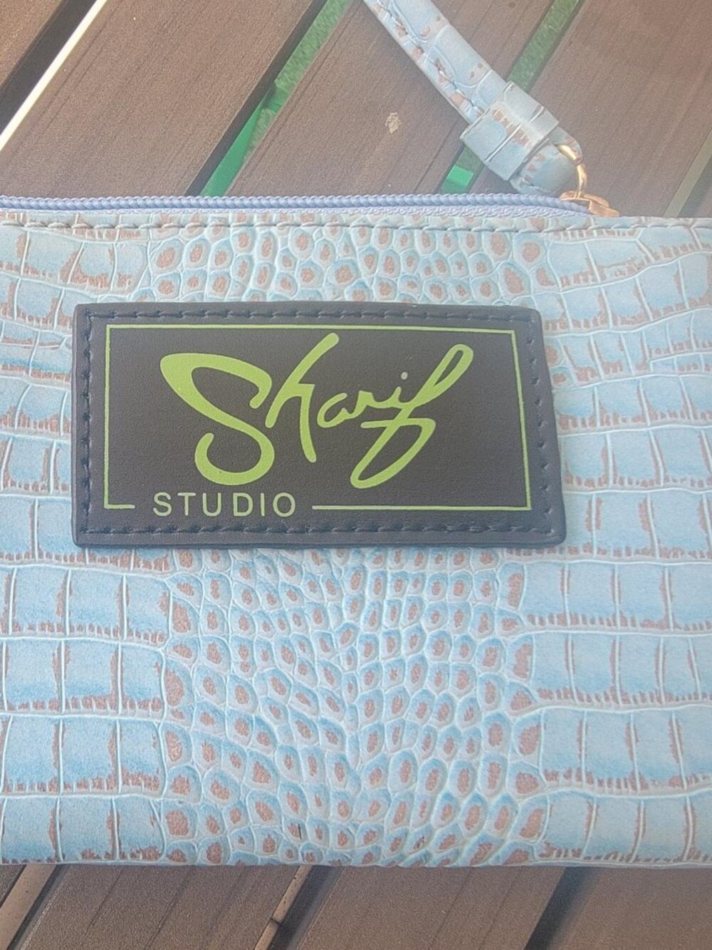 Sharif Studio Blue Faux Croc Wristlet Clutch Leopard Print Lining